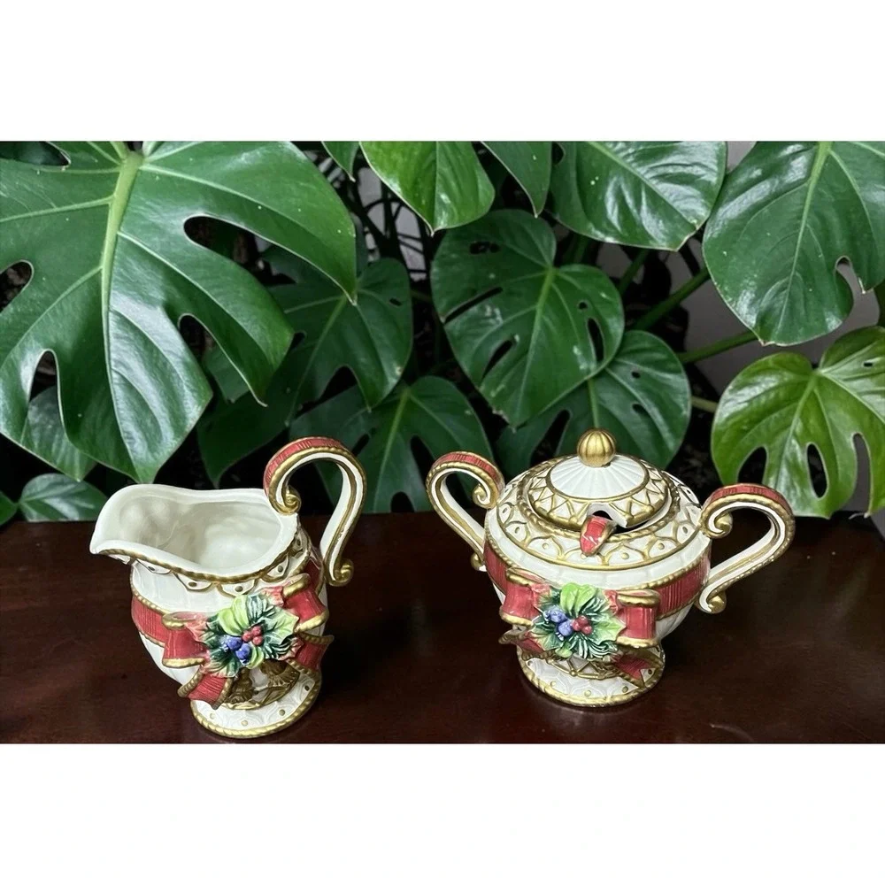 Fitz & Floyd Christmas Deer Creamer Sugar Bowl Spoon Red Bow Ribbon Tassel VTG